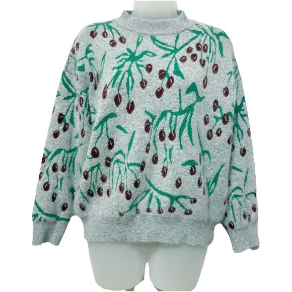 Womens Knit Sweater Gray Green Red Berry Tree Print Long Sleeve Pullover Size S? - Picture 1 of 7
